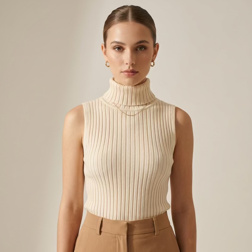 Blusa de Tejido Acanalado con Cuello Alto y Sin Mangas E 595