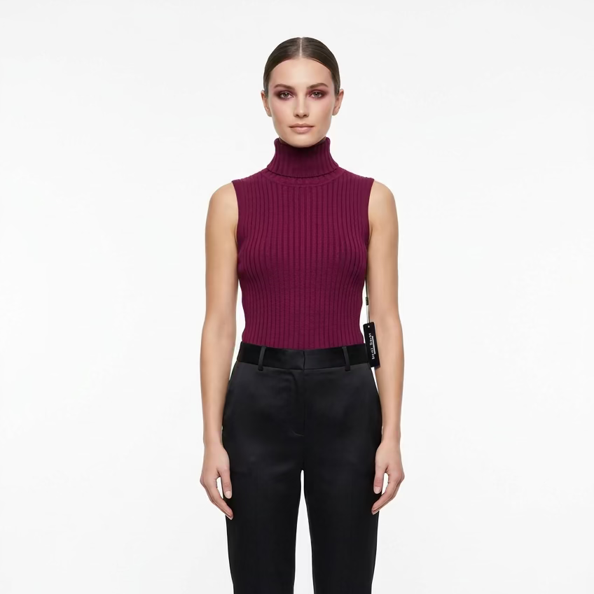 Blusa de Tejido Acanalado con Cuello Alto y Sin Mangas E 595