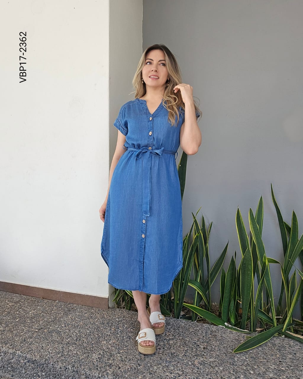 Vestido demin lazo en cintura Q 2362