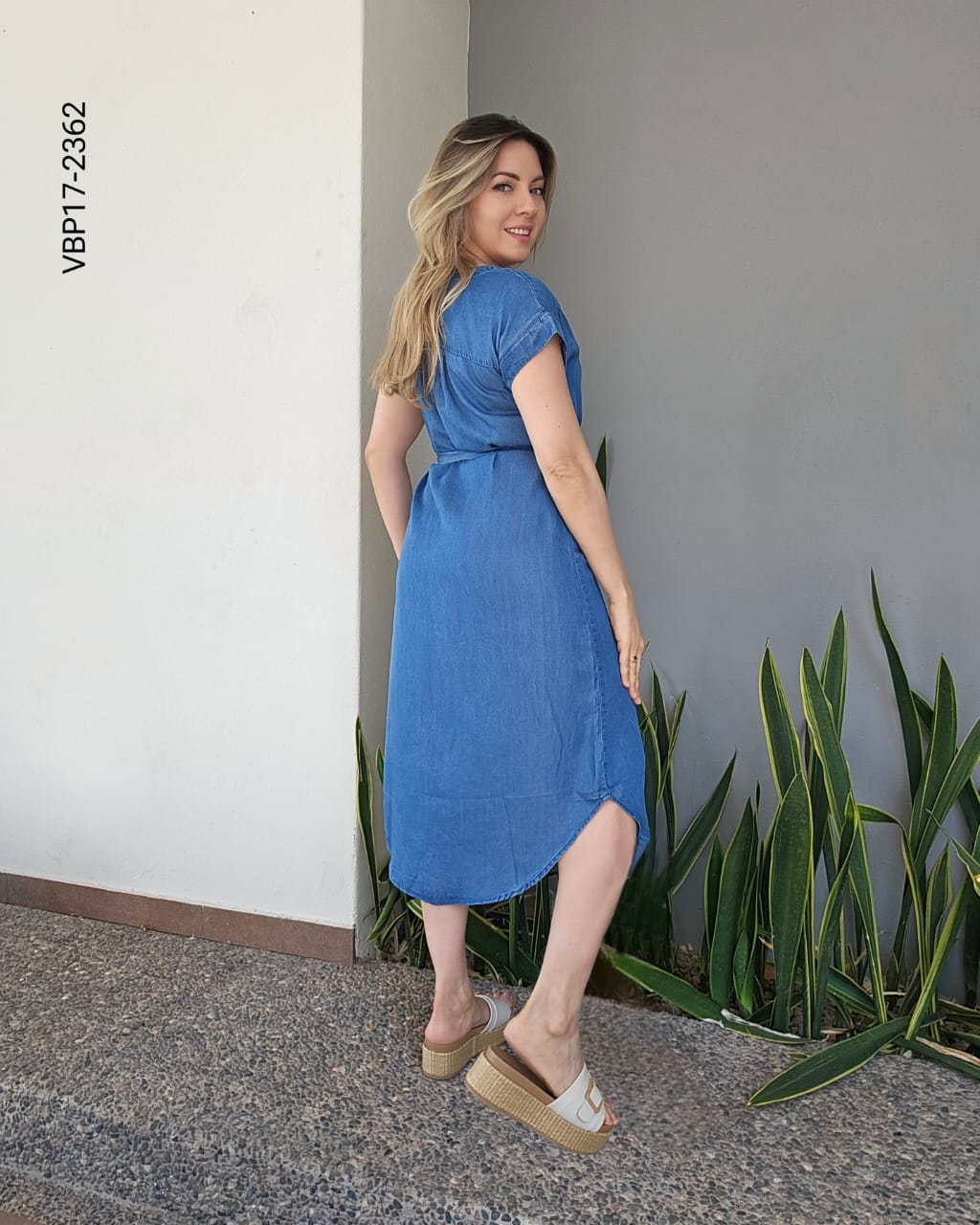 Vestido demin lazo en cintura Q 2362