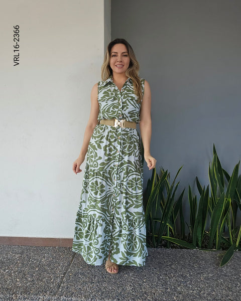 Vestido largo sin mangas estampado con cinto P 2366