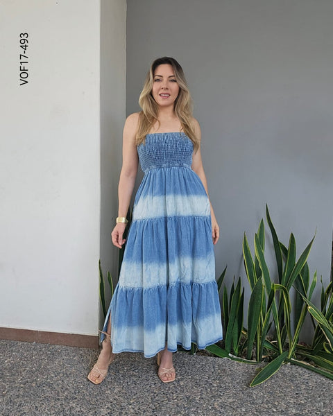 Vestido largo de mezclilla estraple Q 493