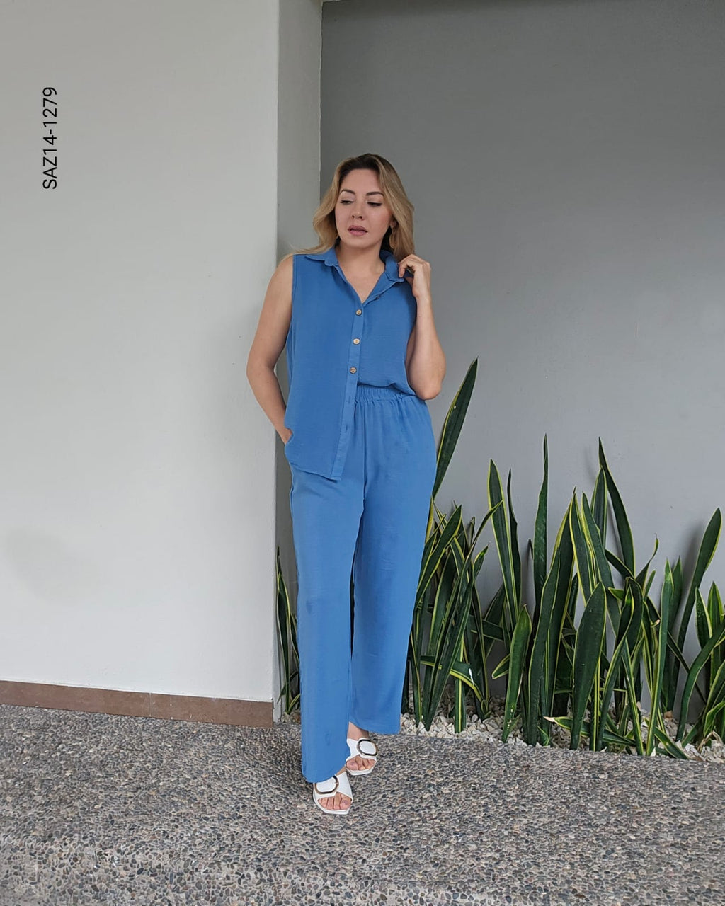 Set de blusa camisera sin mangas y pantalon N 1279