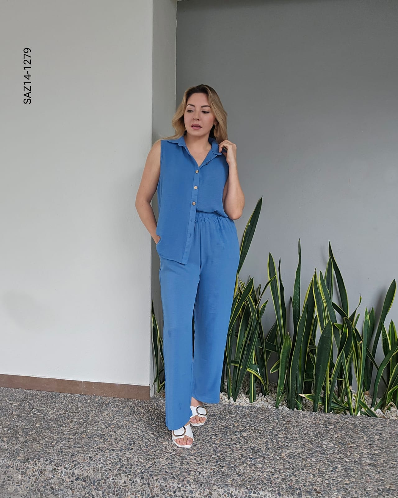 Set de blusa camisera sin mangas y pantalon N 1279
