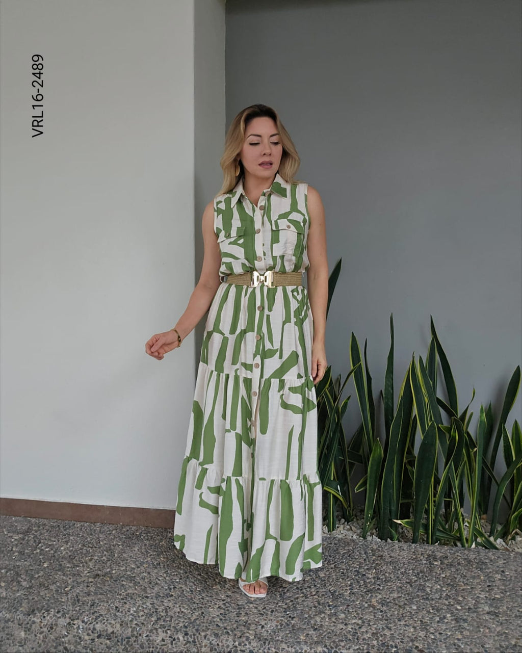 Vestido largo estampado con cinto O 2489