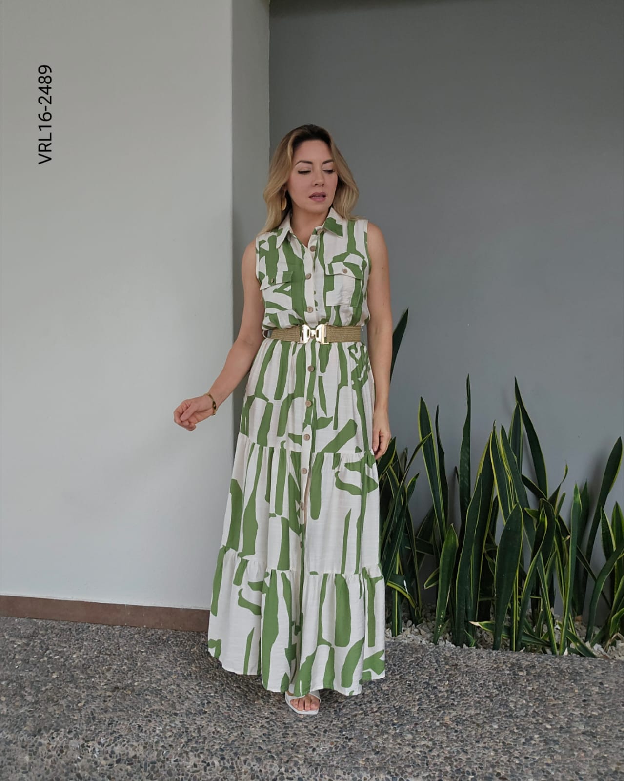 Vestido largo estampado con cinto O 2489