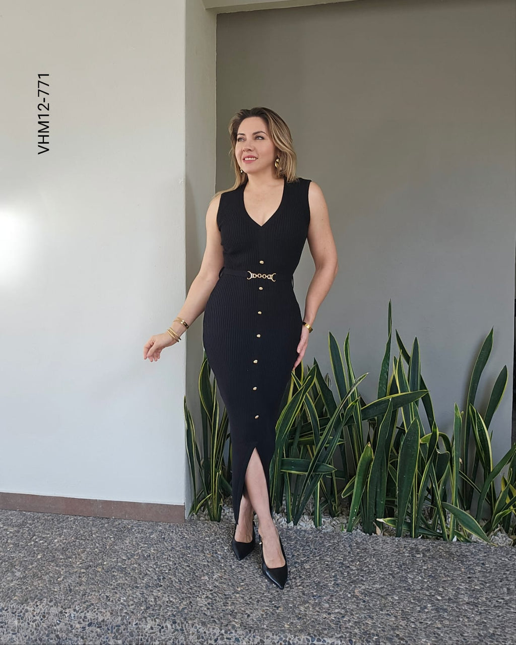 Vestido midi ajustado con cinto L 771