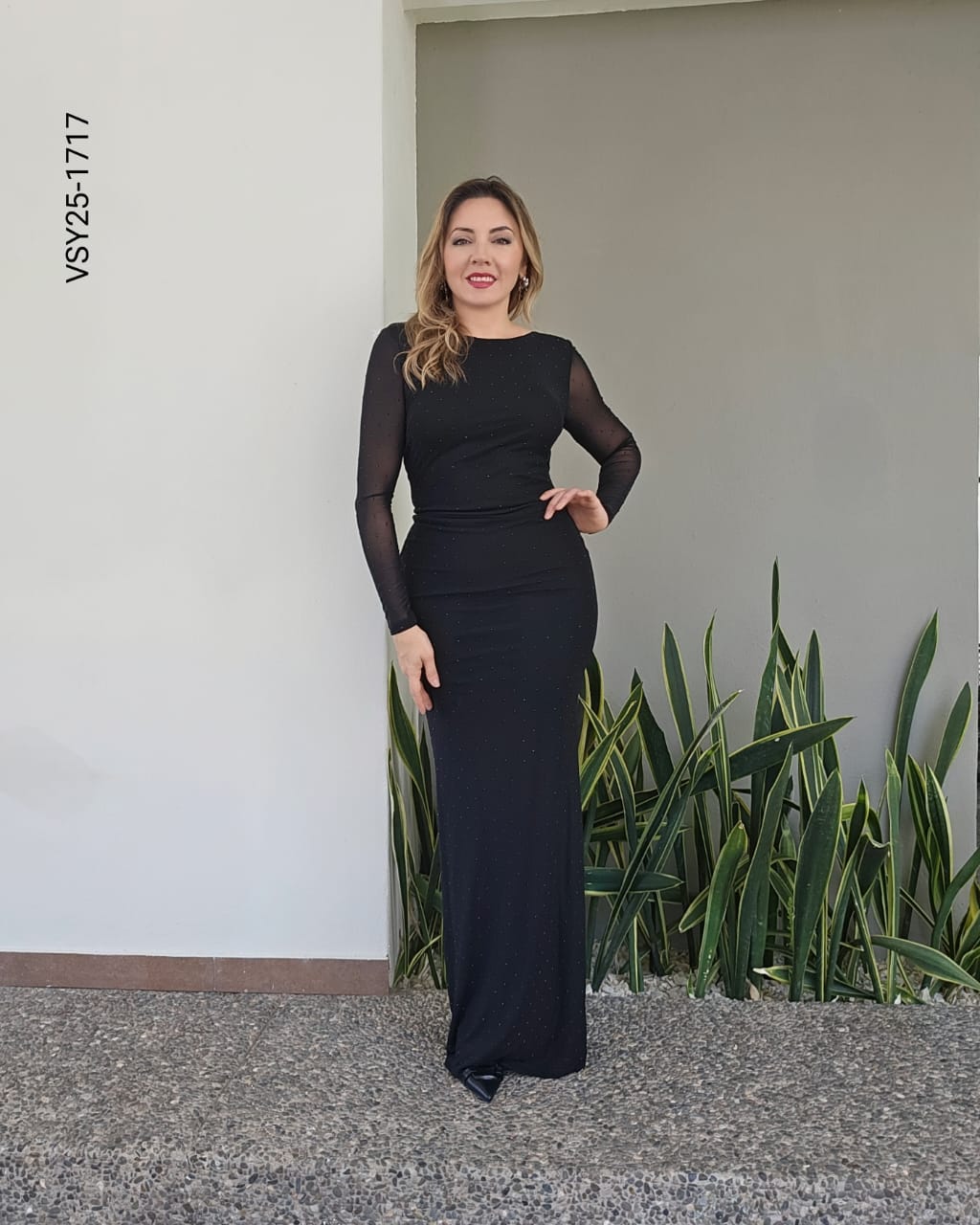 Vestido Mesh largo mangas largas  Y 1717