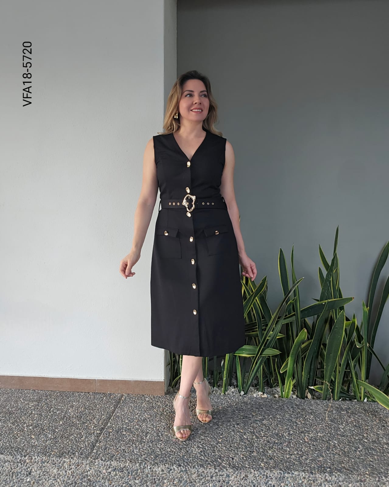 Vestido midi formal cuello V sin mangas R 5720