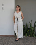 Jumper largo de lino cuello v ribete negro O 6002