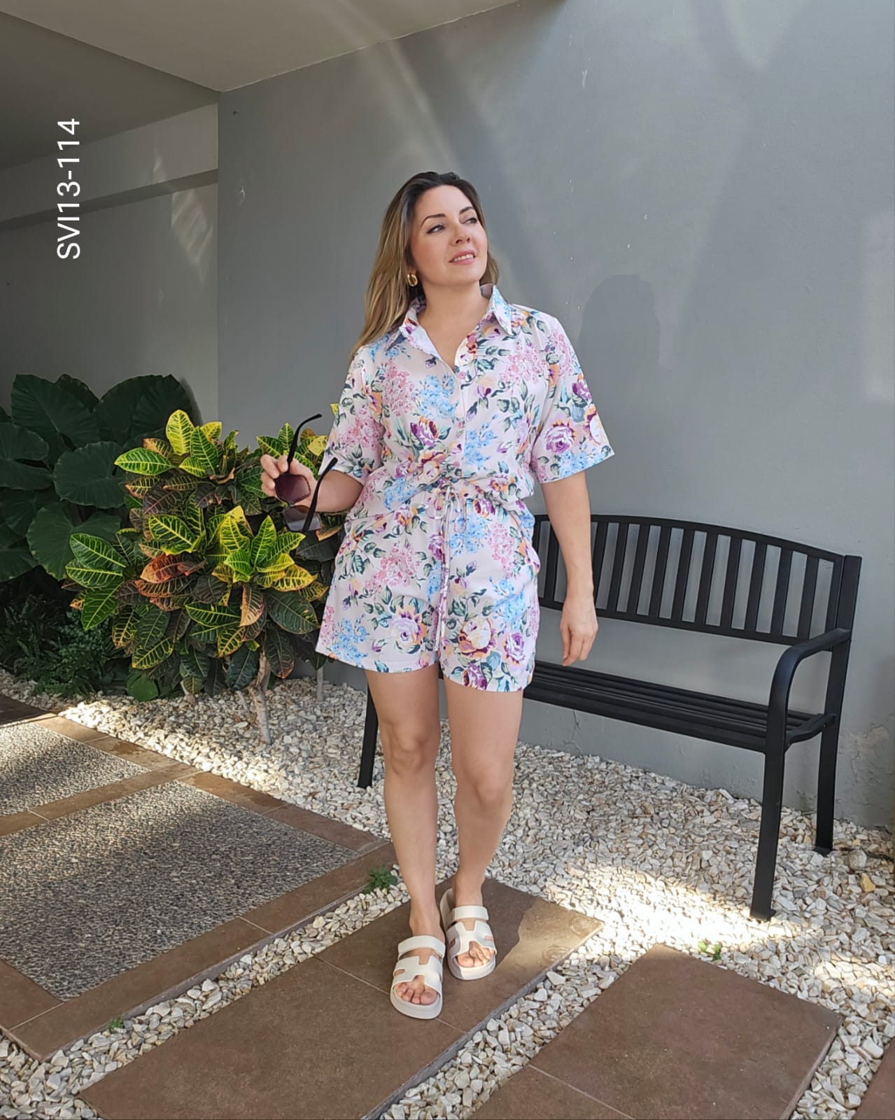 Set de blusa manga corta y short elastico cintura M 114