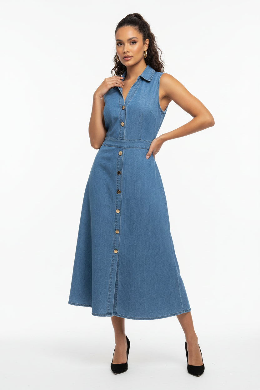 Vestido midi de mezclilla sin mangas V 1600