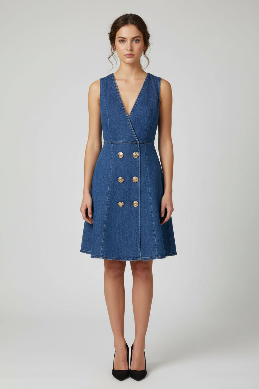 Vestido mezclilla en cuello V sin mangas U 1598