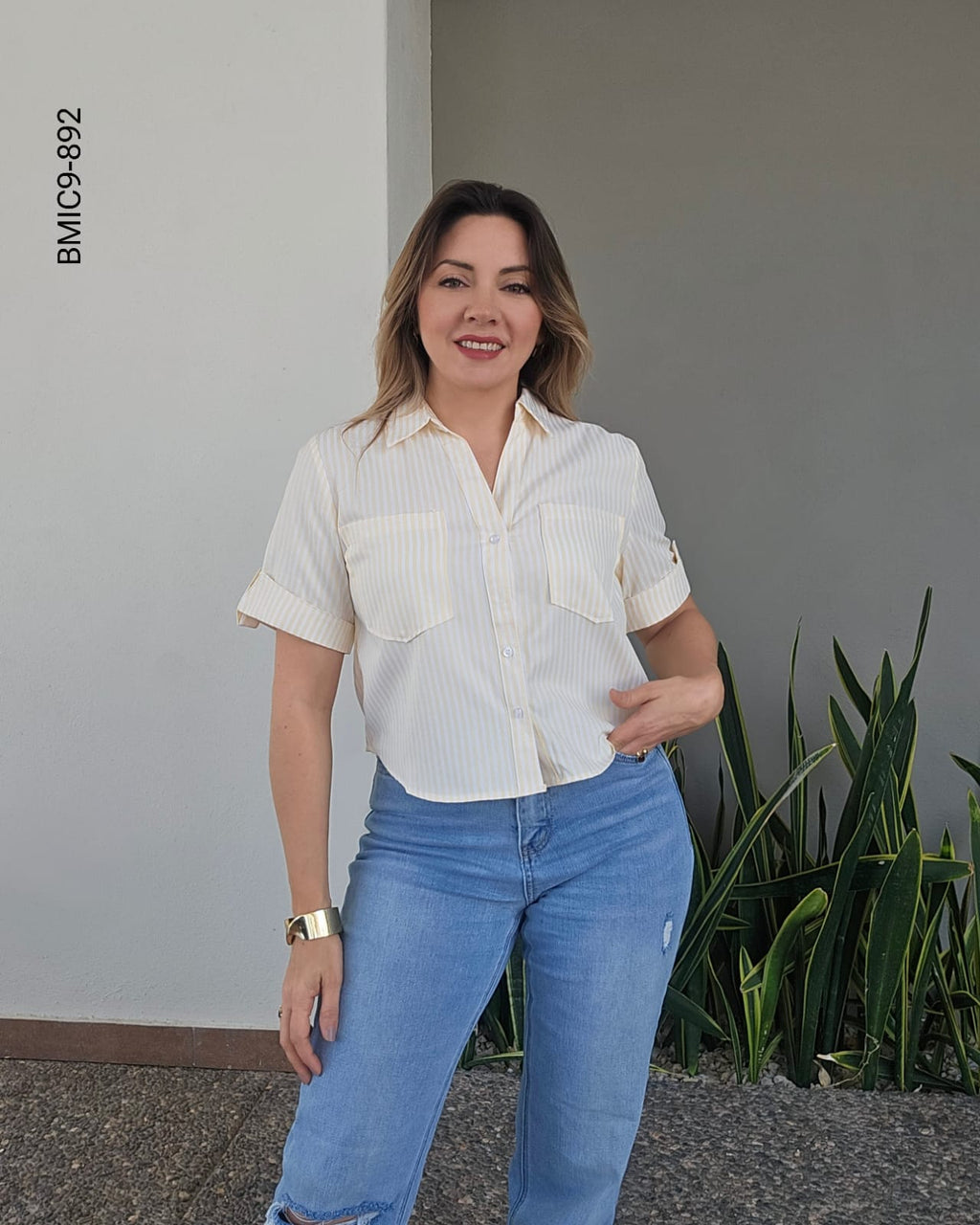 Blusa Corta a Rayas Estilo Casual con Dobladillo en Manga I 892