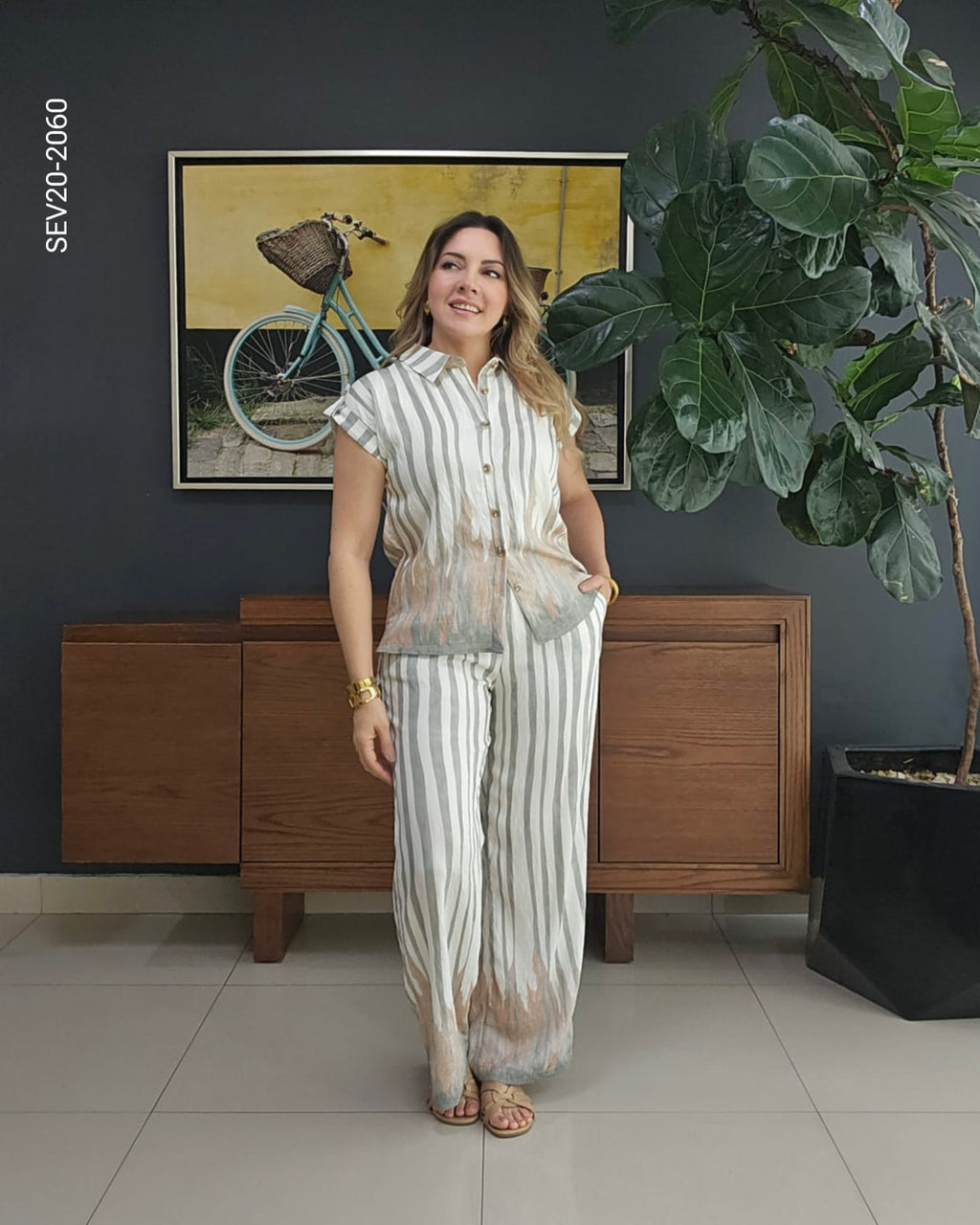 Set blusa manga corta y palazzo pierna ancha  T 2060