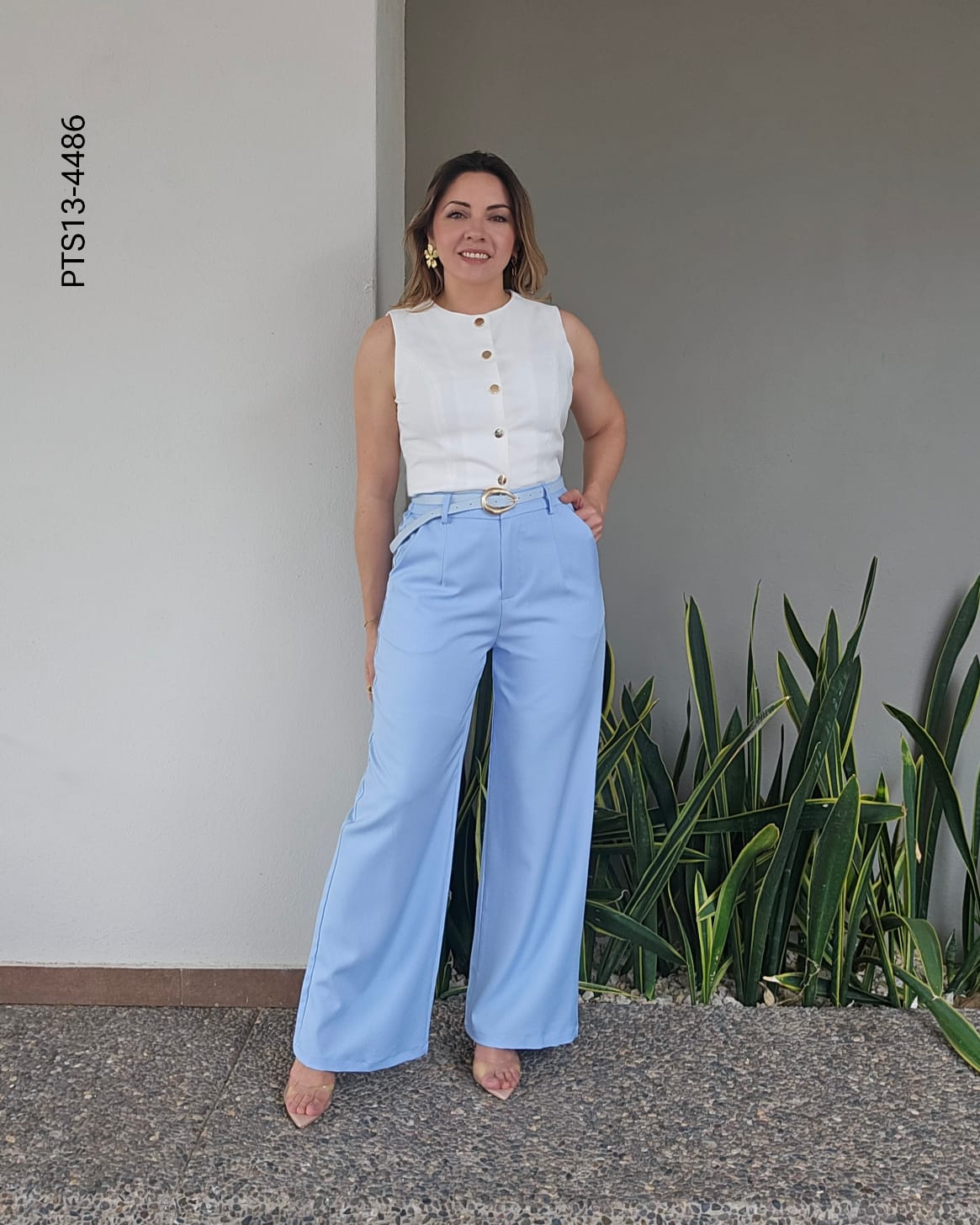 Pantalón tiro alto palazzo cinto hebilla dorada M 4486