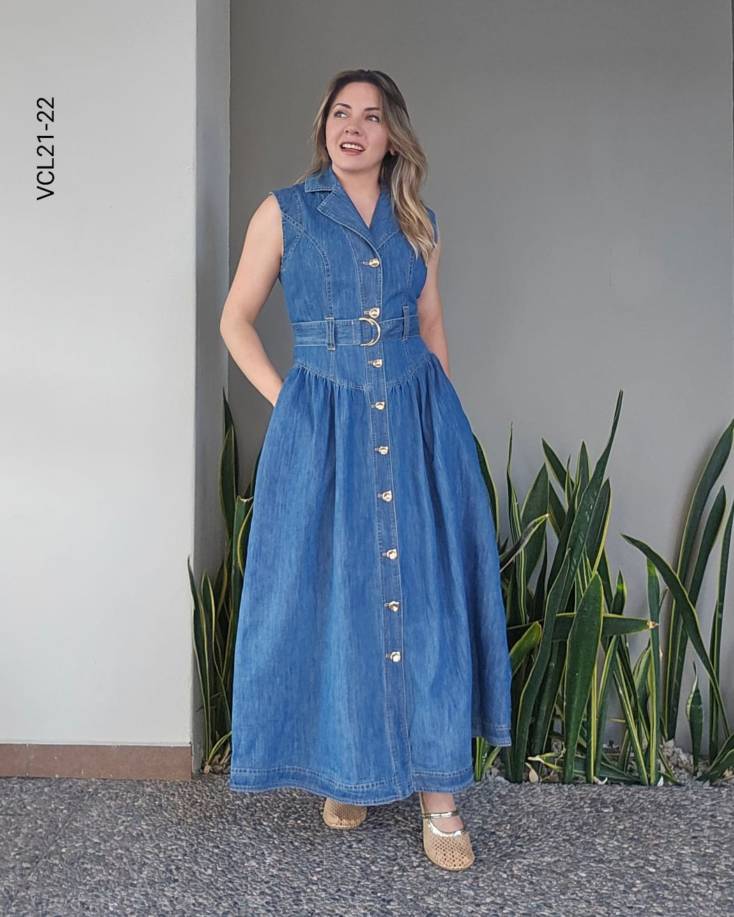 Vestido Maxi Denim cinturón U 22
