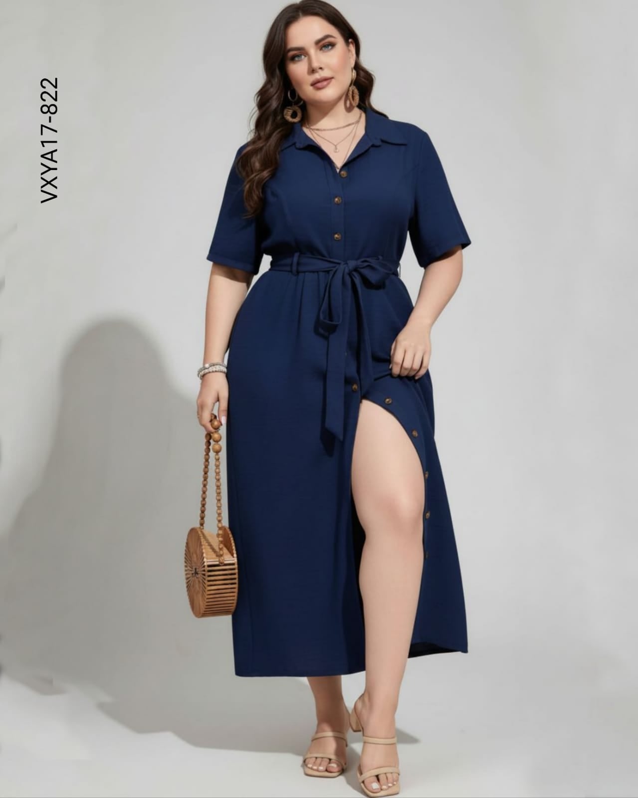 Vestido Plus escote V y Falda Fluida Q 822