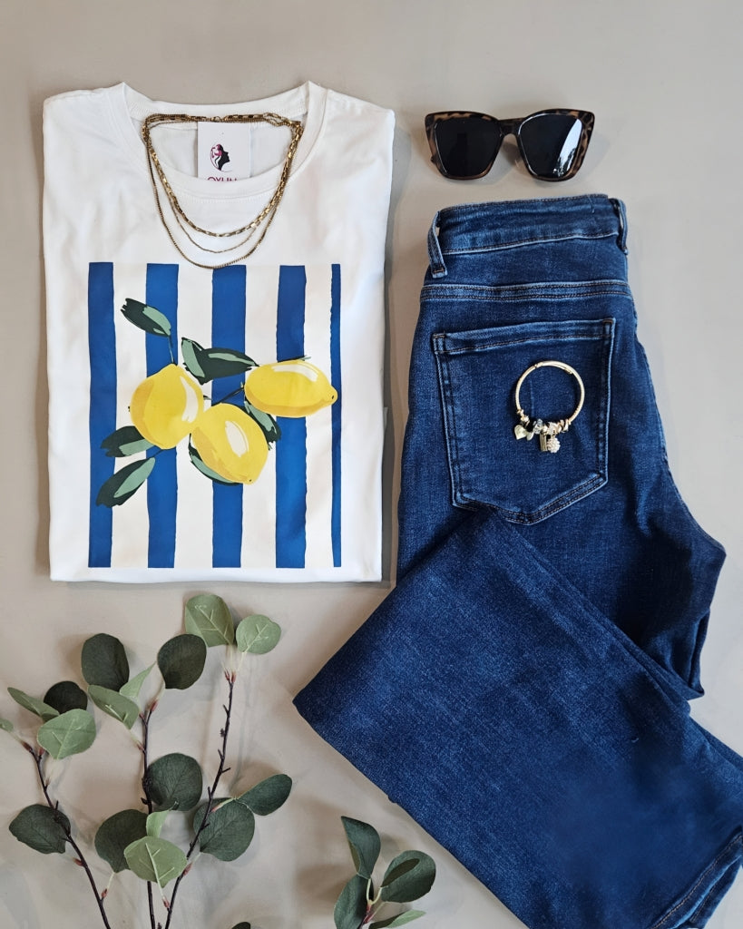 Playera Casual con Estampado de Limones y Rayas Marineras H 964
