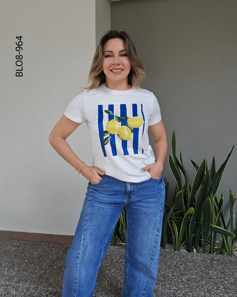 Playera Casual con Estampado de Limones y Rayas Marineras H 964
