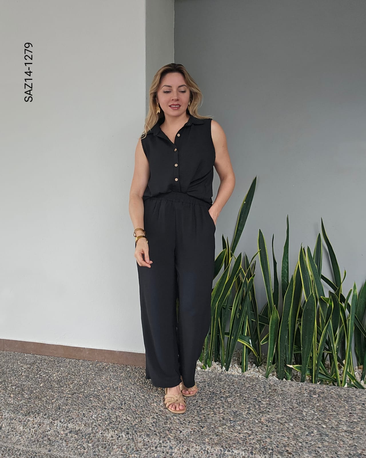 Set de blusa camisera sin mangas y pantalon N 1279