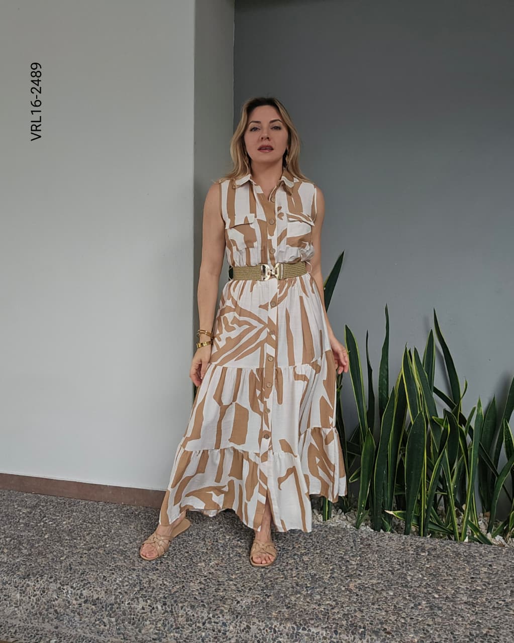Vestido largo estampado con cinto O 2489
