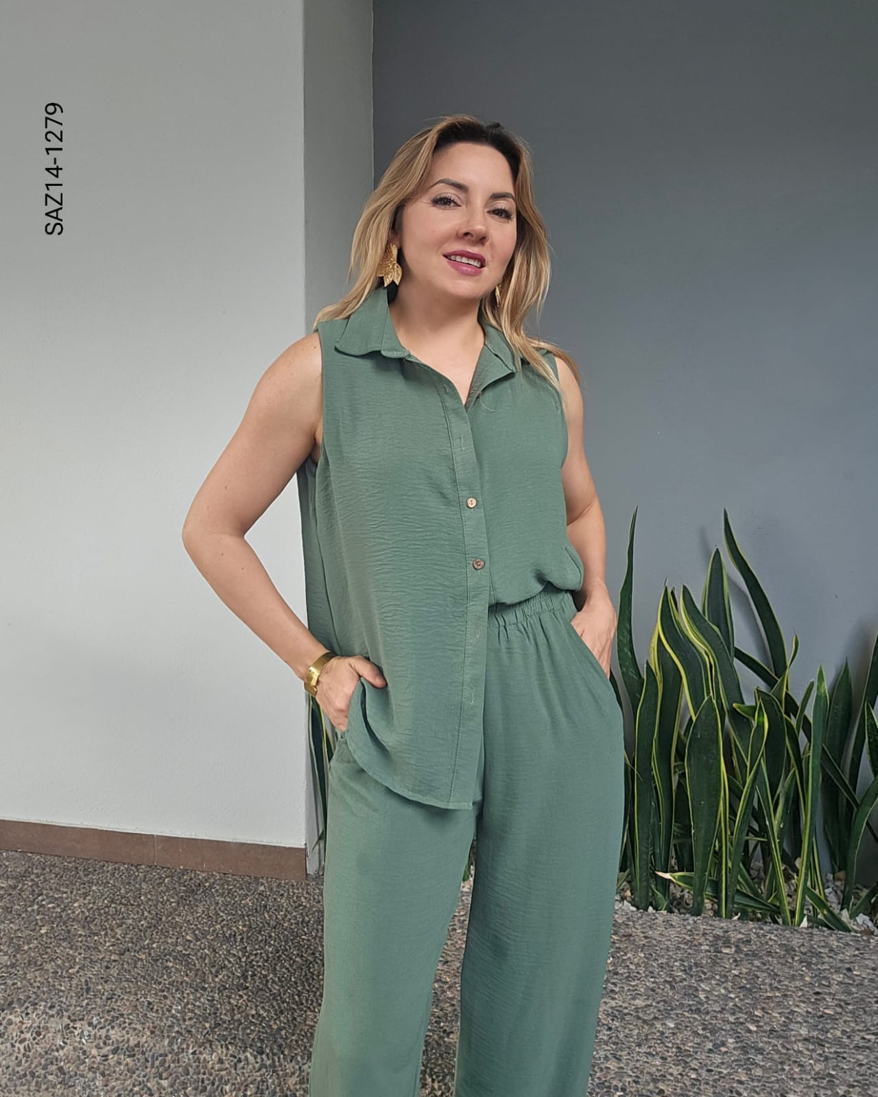 Set de blusa camisera sin mangas y pantalon N 1279