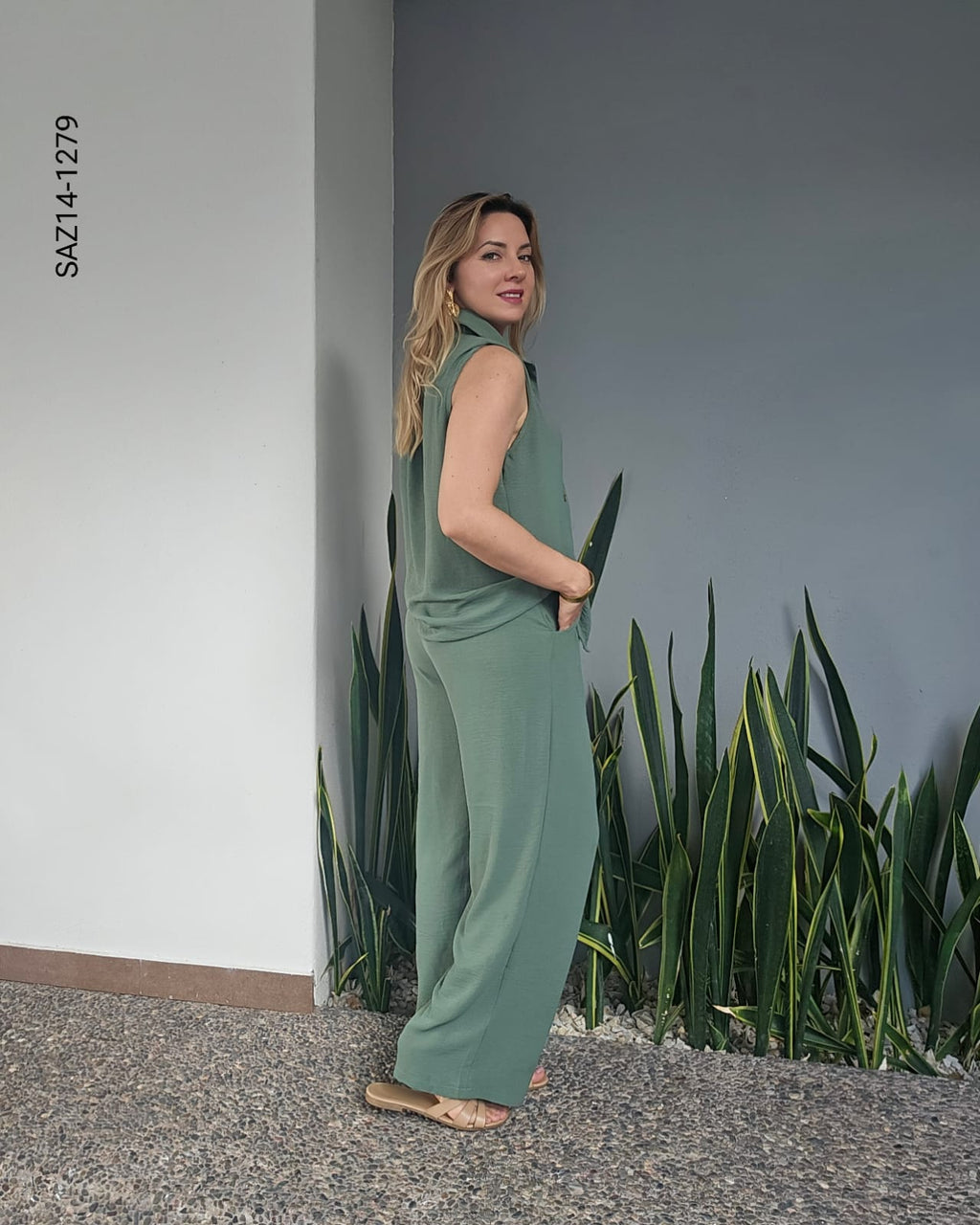 Set de blusa camisera sin mangas y pantalon N 1279