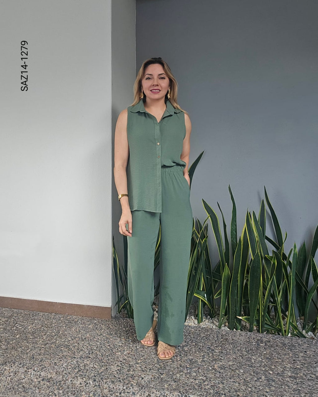 Set de blusa camisera sin mangas y pantalon N 1279
