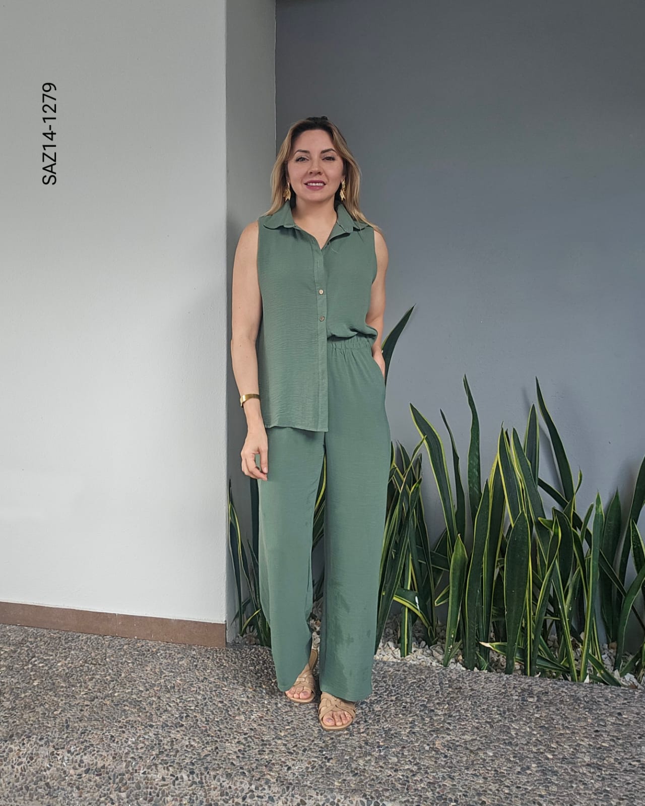 Set de blusa camisera sin mangas y pantalon N 1279