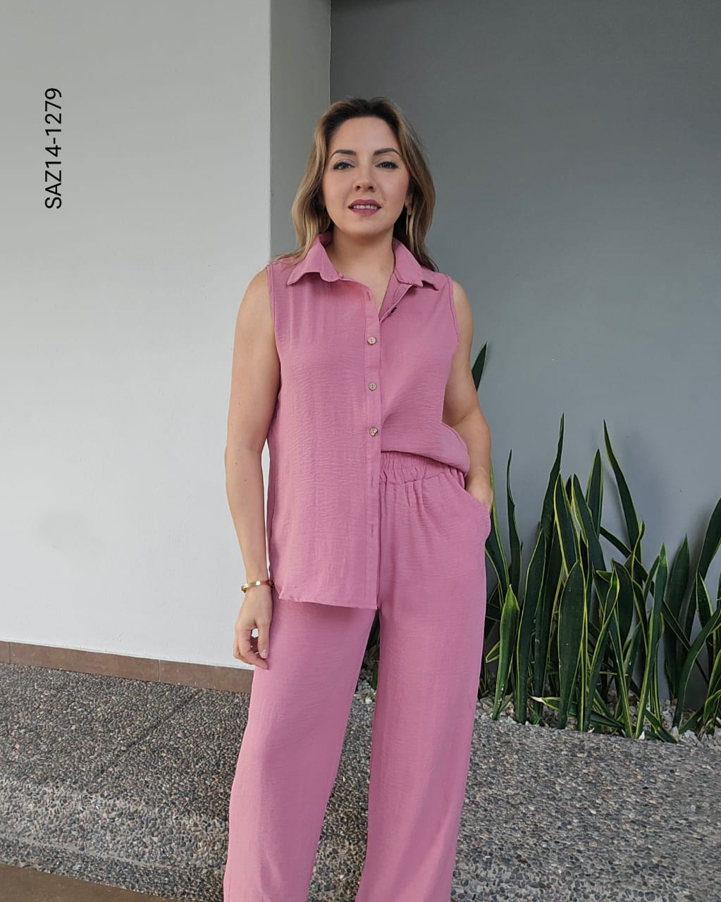 Set de blusa camisera sin mangas y pantalon N 1279