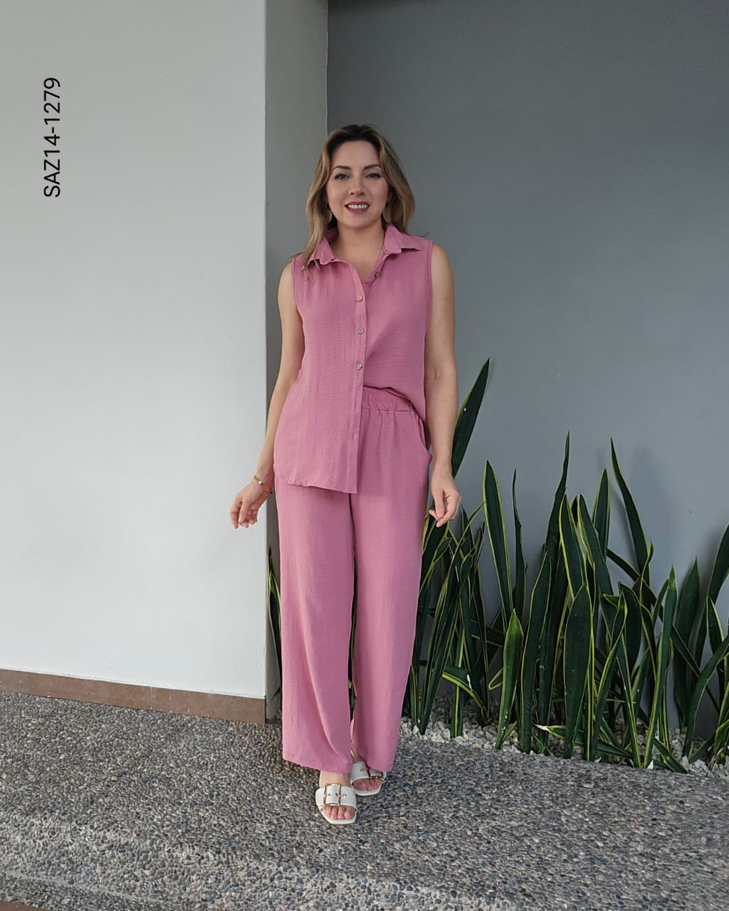 Set de blusa camisera sin mangas y pantalon N 1279