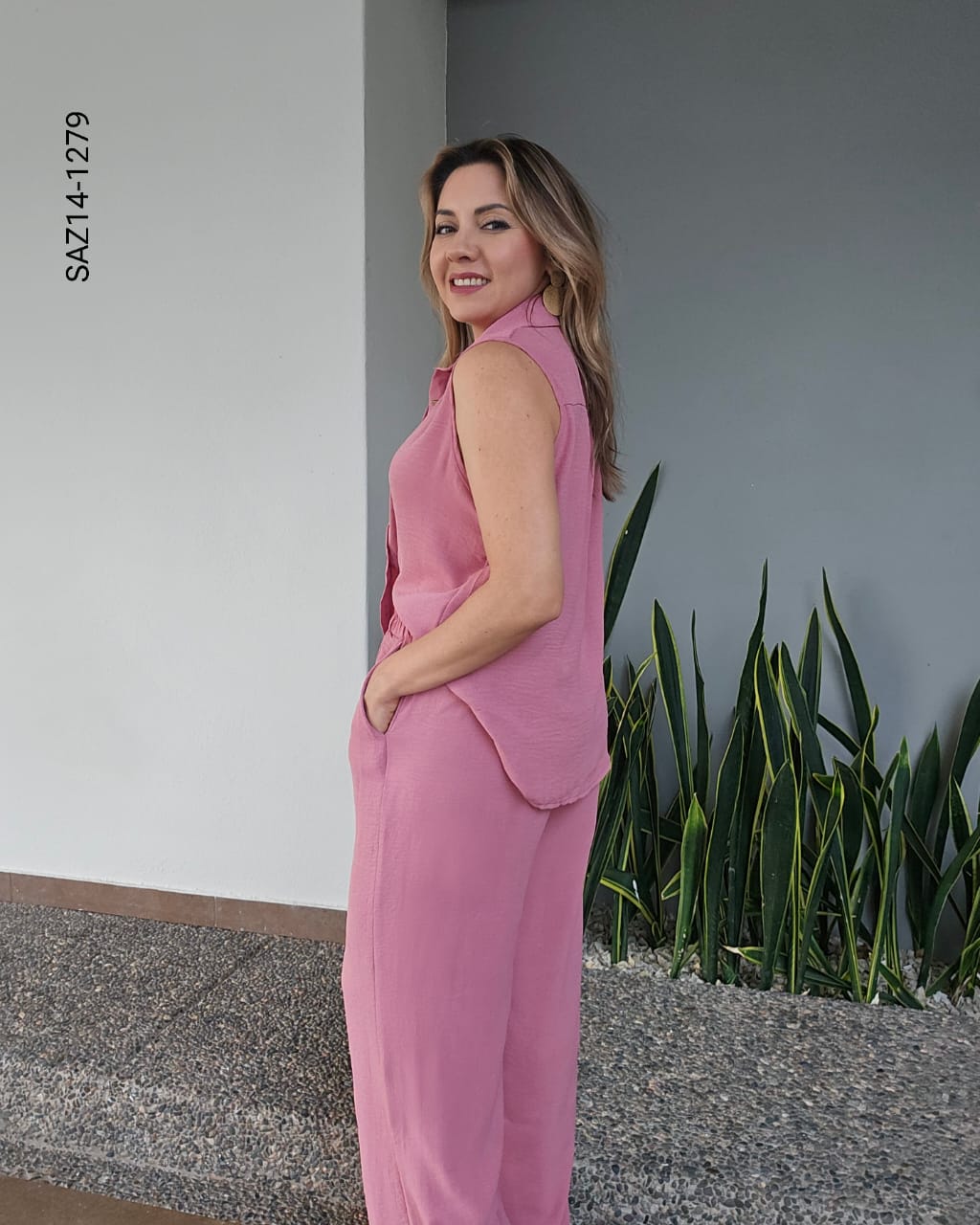Set de blusa camisera sin mangas y pantalon N 1279