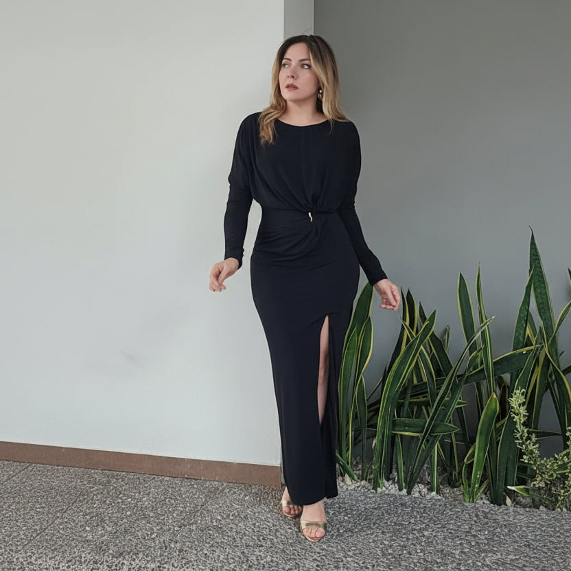 Vestido largo entallado con drapeado Y 875