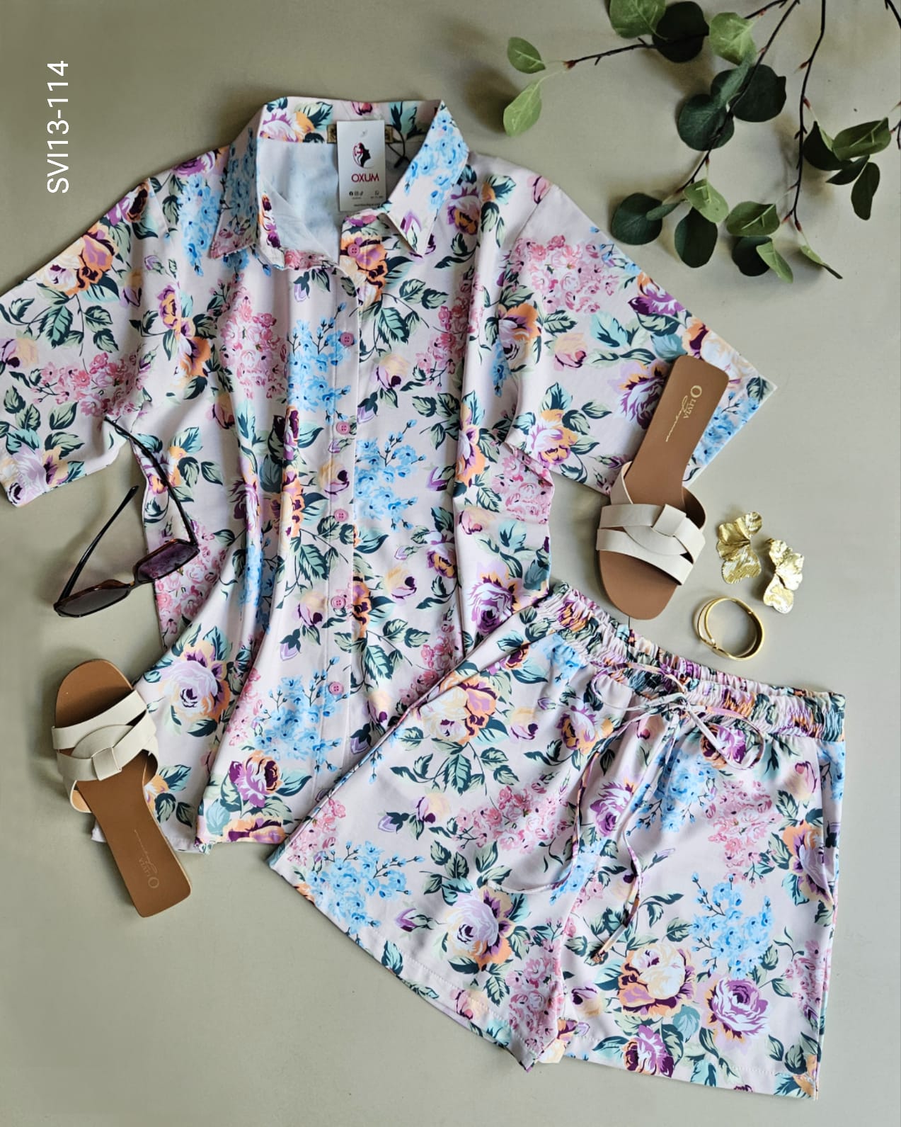 Set de blusa manga corta y short elastico cintura M 114