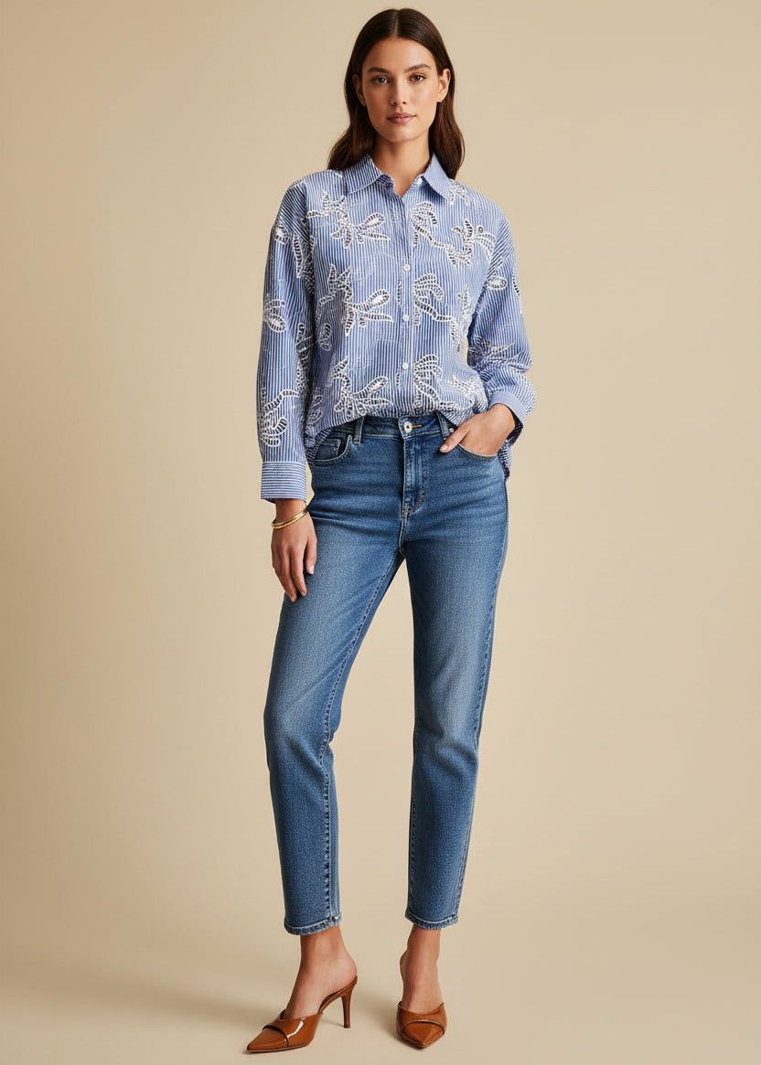 Blusa a rayas verticales bordado floral K 002