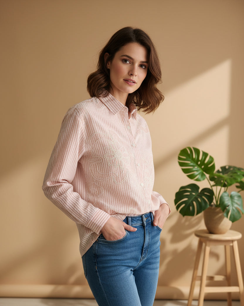 Blusa manga larga a rayas bordado floral M 4204