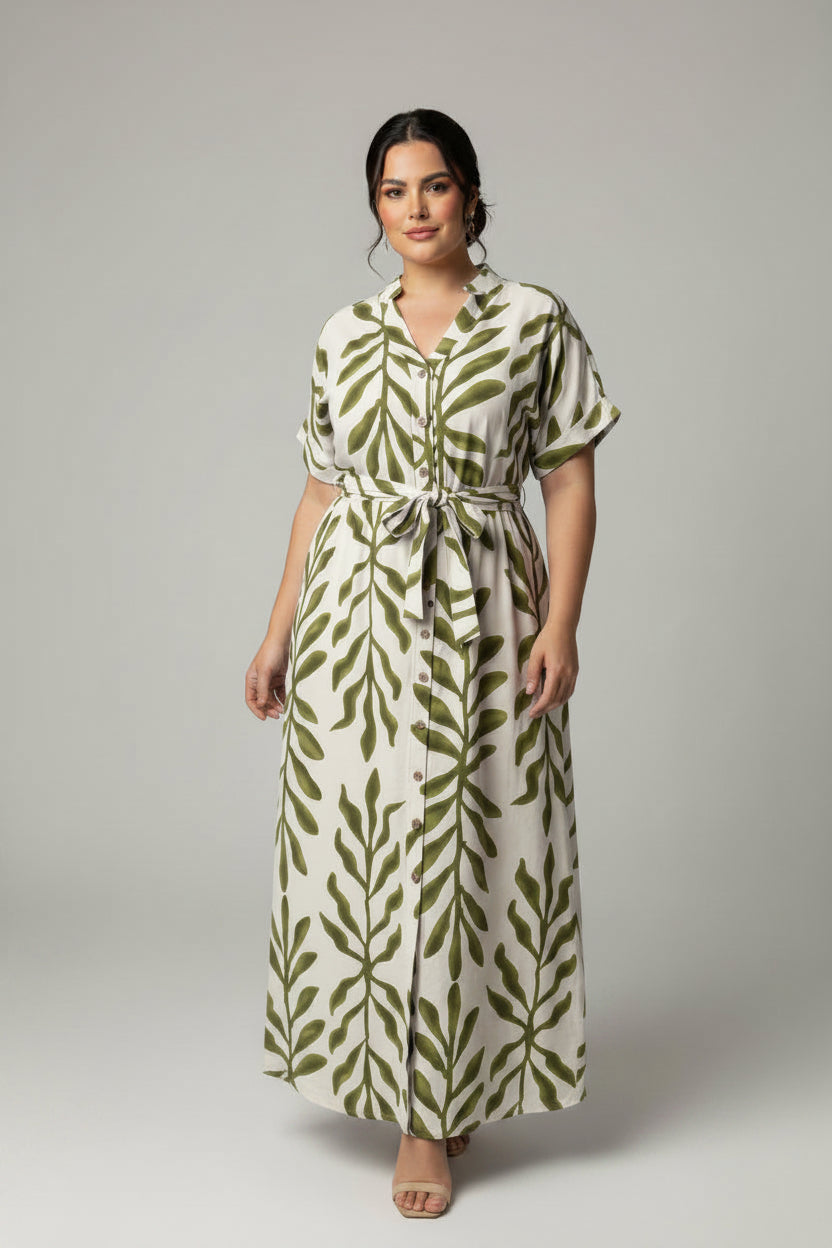 Vestido maxi tipo camisero cuello mao R 4416
