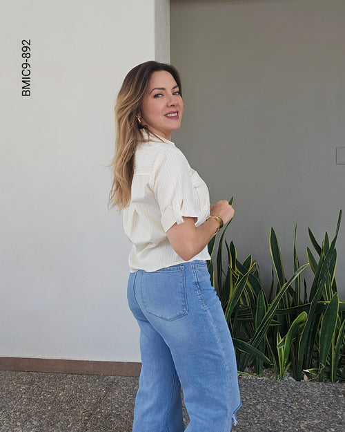 Blusa Corta a Rayas Estilo Casual con Dobladillo en Manga I 892